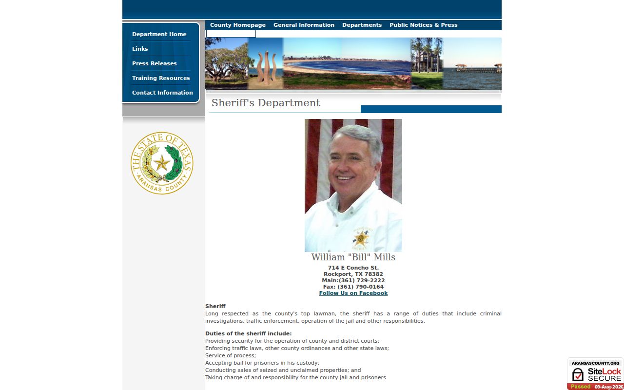 Aransas County arrest lookup Sheriff page