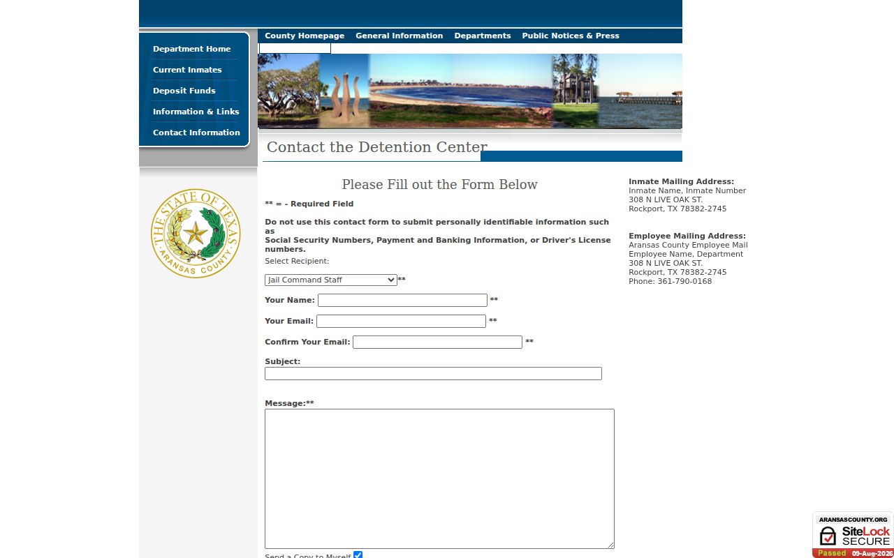 Aransas County arrest lookup detention contact page