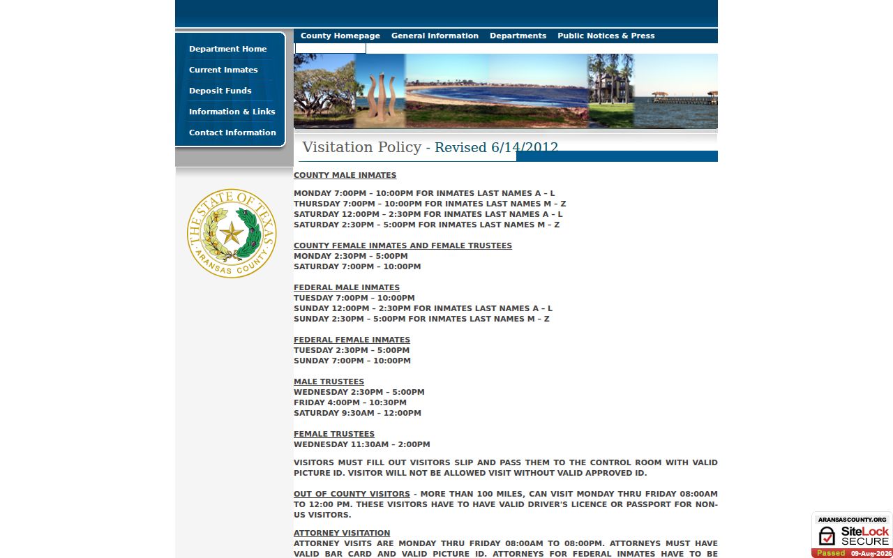 Aransas County arrest lookup jail visitation rules