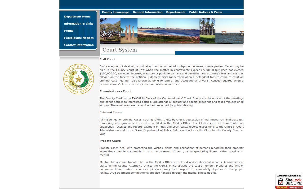 Aransas County criminal court case County Clerk page