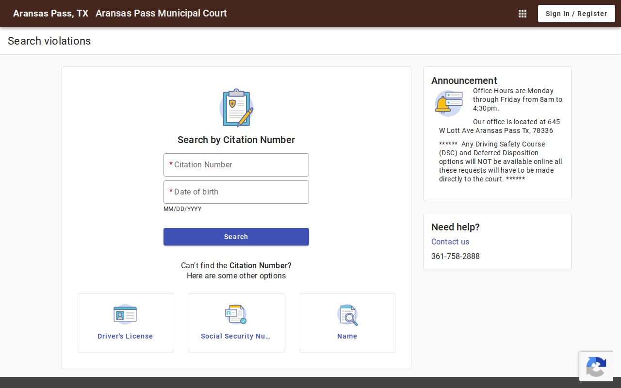 Aransas Pass criminal records Municipal Court search modes