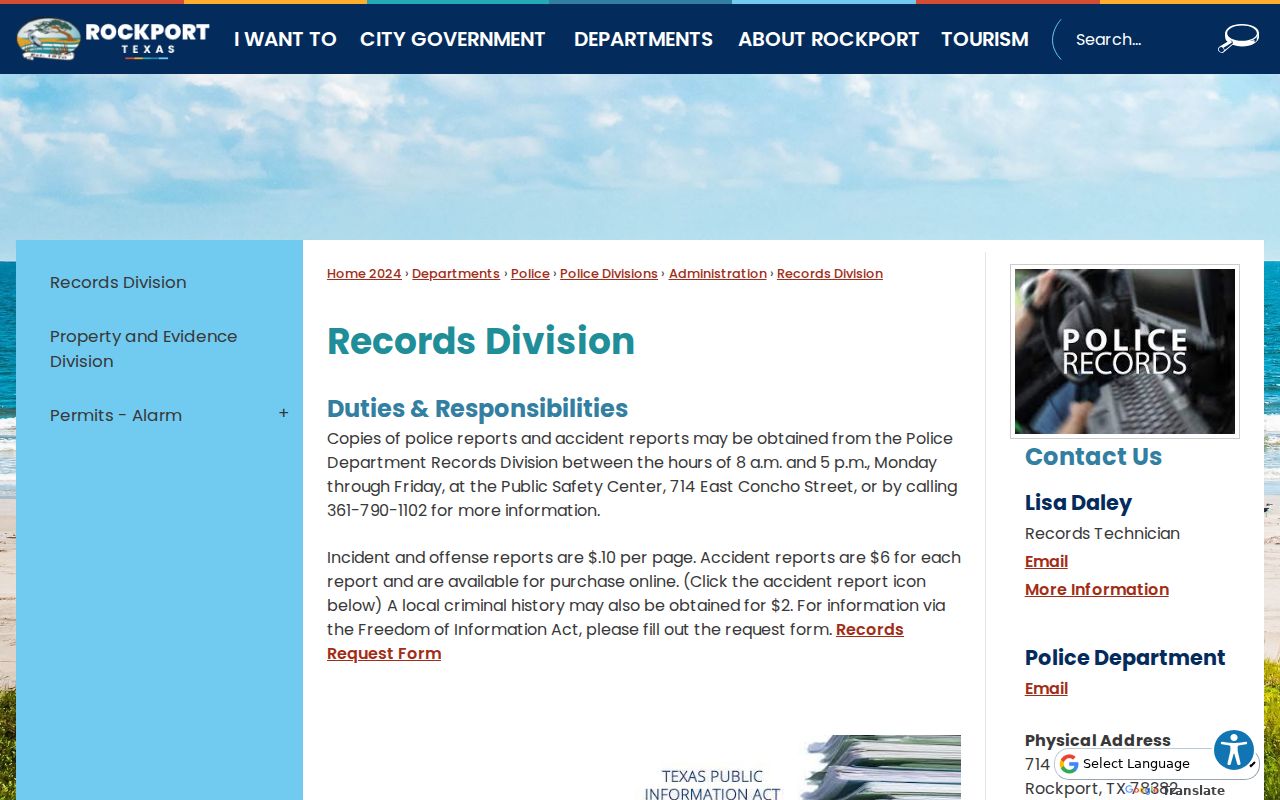 Rockport criminal records division page for police reports