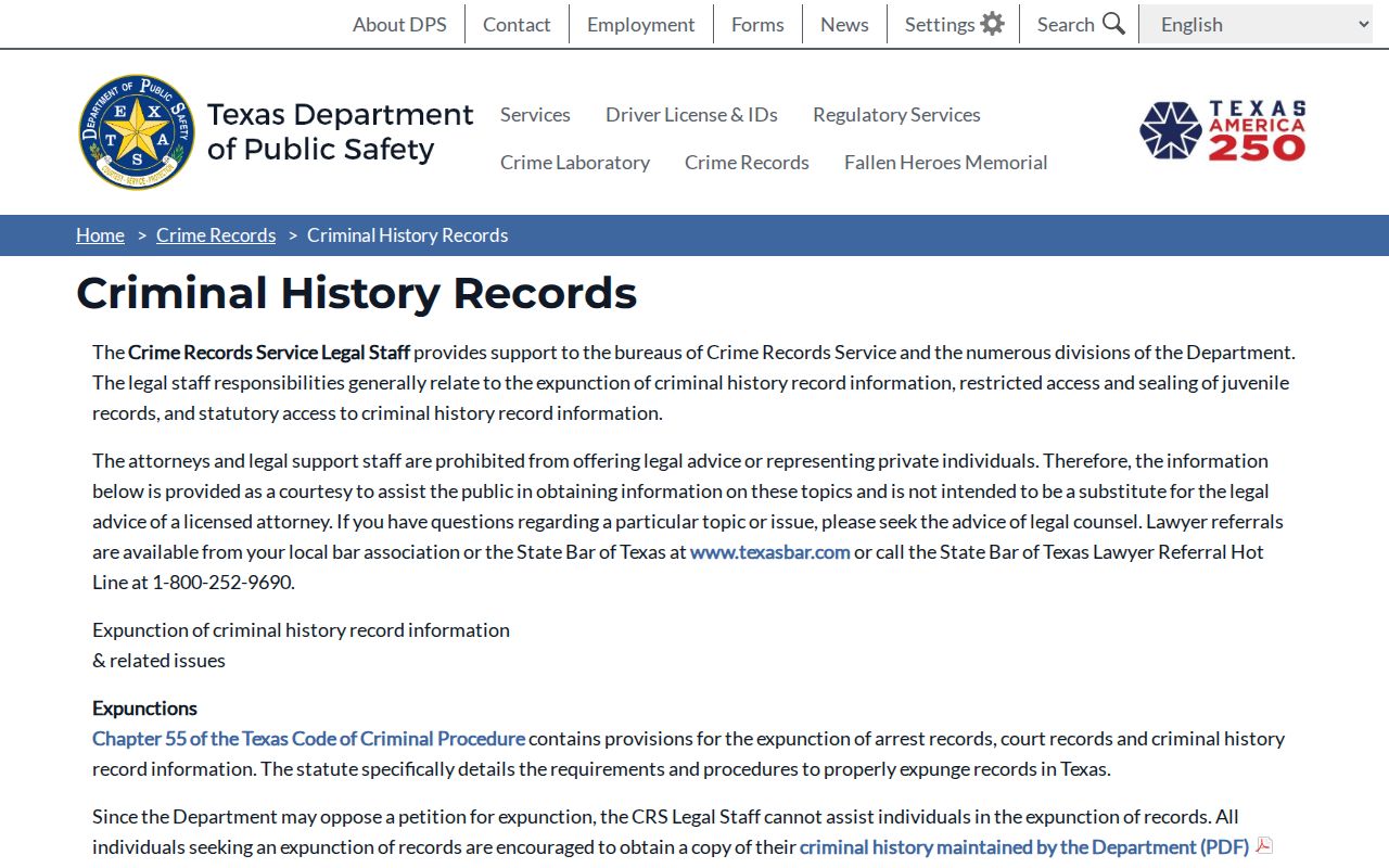 Texas DPS criminal history and record relief information
