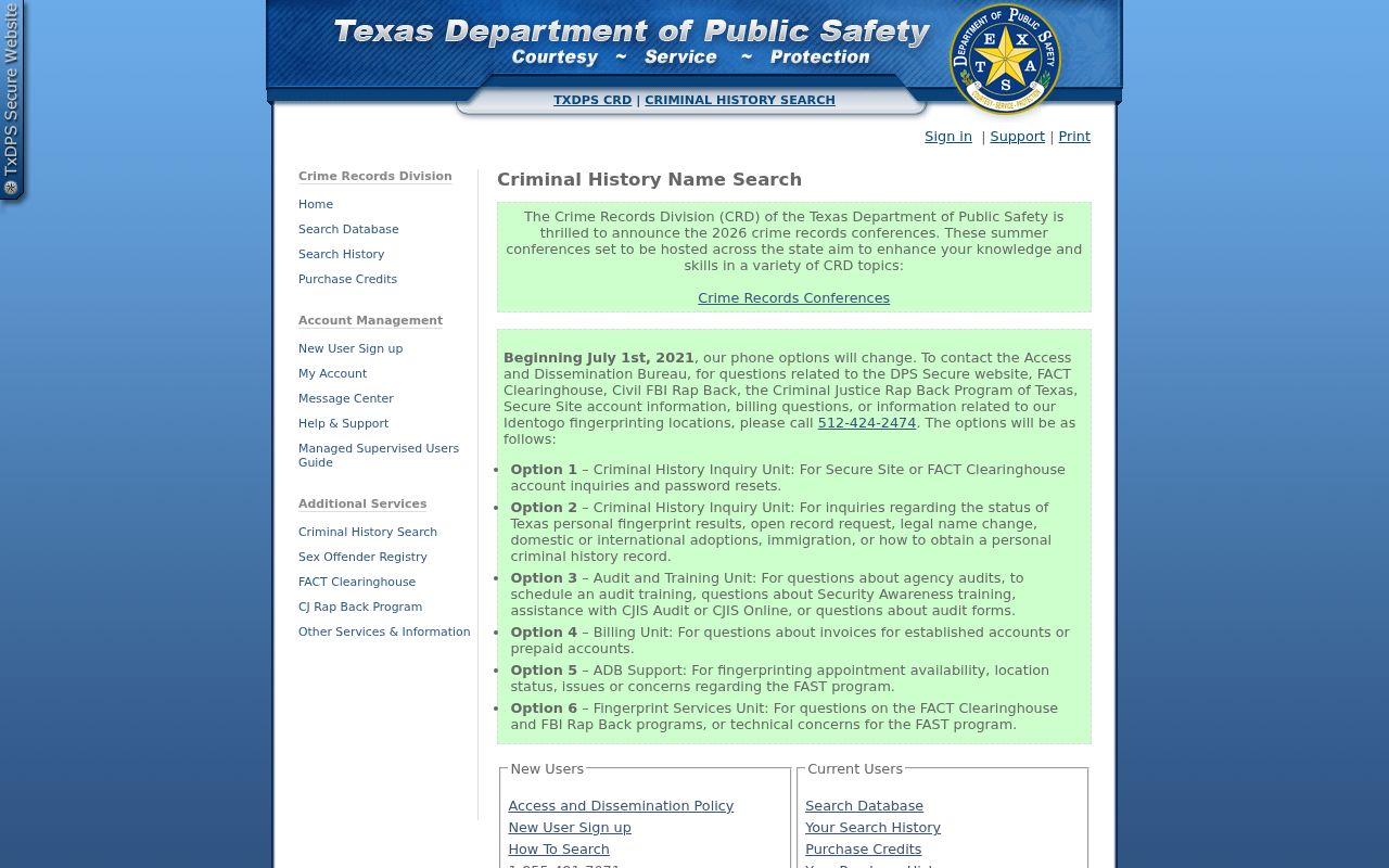 Texas DPS Criminal History Name Search interface